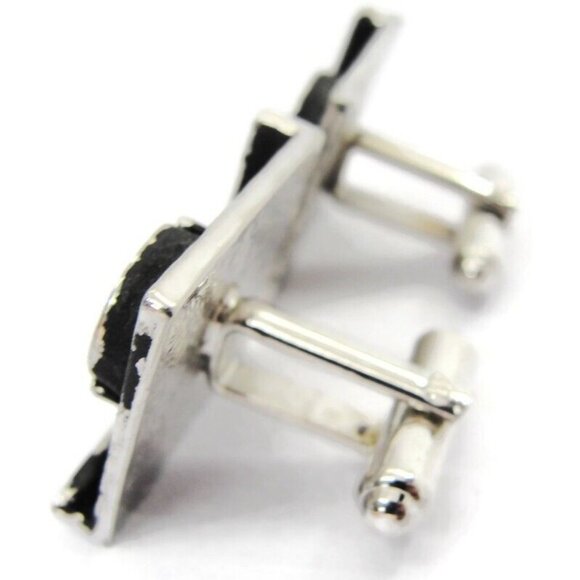 Flat Black Enamel Square Circle Line Centers Cufflinks Silver Tone Shirt Vtg - Picture 4 of 8